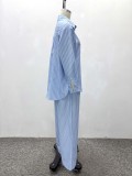 Plus Size Women Casual Turndown Collar Striped Shirt and Pants Two-Piece Set