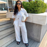 Women Casual Striped Short-Sleeved Shirt and Pants Two-Piece Set