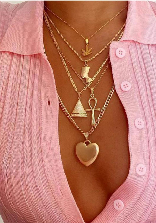 Women metal leaf pyramid heart pendant necklace