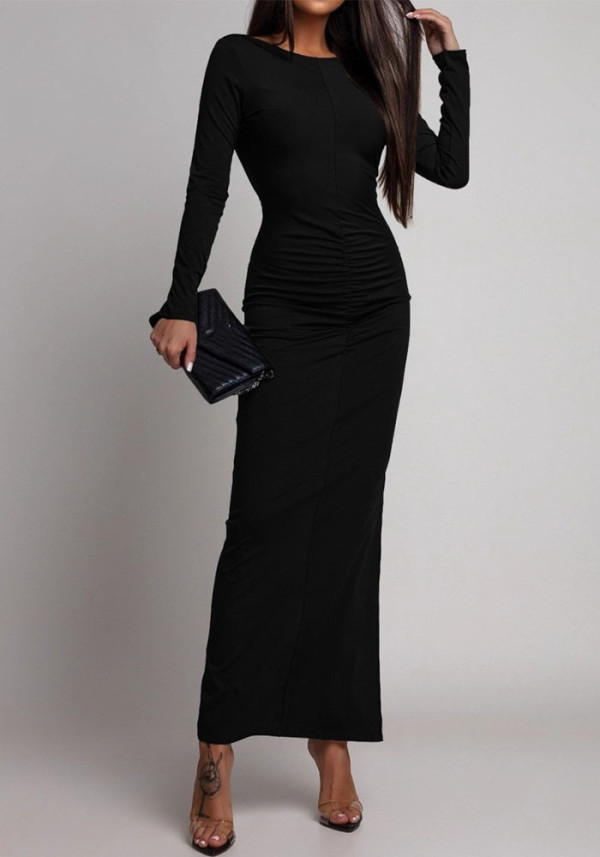 Women Round Neck Long-Sleeve Pleated Sexy Backless Solid Dress