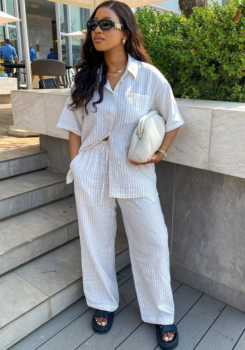 Women Casual Striped Short-Sleeved Shirt and Pants Two-Piece Set
