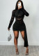 Women Autumn/Winter Sexy Solid High-Neck Lace Patchwork Long-Sleeve Bodycon Dress