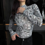 Women High-Neck Long-Sleeve All-Over Dollar Print Mesh See-Through Bodysuit