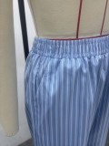 Plus Size Women Casual Turndown Collar Striped Shirt and Pants Two-Piece Set