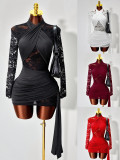 Women Autumn/Winter Sexy Solid High-Neck Lace Patchwork Long-Sleeve Bodycon Dress