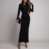 Women Round Neck Long-Sleeve Pleated Sexy Backless Solid Dress