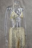 Women Spring/Summer Bikini V-Neck Sexy Sequined Top and Wide-Leg Pants Two-Piece Set