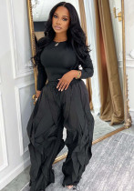 Autumn Women's Solid Color Casual Two-Piece Set: Round Neck Top & High-Waist Drawstring Wide-Leg Pants