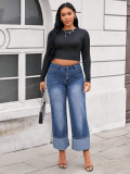 Plus Size Women's Fashion Washed Wide-Leg Cropped Denim Pants