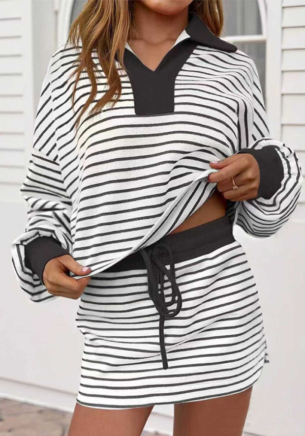 Women's Casual Fashion Striped Color-Block Stand Collar Top & Drawstring Mini Skirt Two-Piece Set
