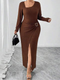 Women's Solid Color Irregular Hem Slit Slim-Waist Long Sleeve Dress