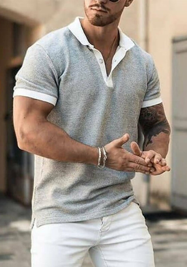 Spring/Summer Men’s Jacquard Color-Block Zip-Up Polo T-Shirt