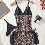 Women's Leopard Print Lace-Trim V-Neck Slit Sexy Lingerie Dress Set