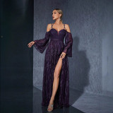 Women's Halter Neck Bell-Sleeve Slit Evening Dress