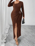 Women's Solid Color Irregular Hem Slit Slim-Waist Long Sleeve Dress
