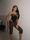 Autumn/Winter Women's Sexy Leopard Color-Block Strapless Sequin Capri Pants Set