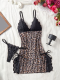 Women's Leopard Print Lace-Trim V-Neck Slit Sexy Lingerie Dress Set