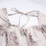 Winter Women's Sexy Printed U-Neck Tie-Up Long Sleeve Slit Bodycon Dress