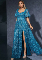 Women's Blue Puff Sleeve Sweet Formal Party Slit Evening Dress
