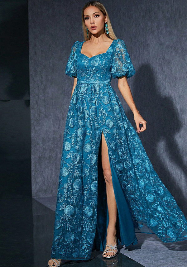 Women's Blue Puff Sleeve Sweet Formal Party Slit Evening Dress