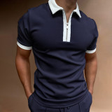 Spring/Summer Men’s Color-Block Zip-Up Polo T-Shirt