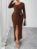 Women's Solid Color Irregular Hem Slit Slim-Waist Long Sleeve Dress