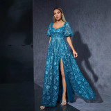 Women's Blue Puff Sleeve Sweet Formal Party Slit Evening Dress