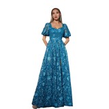 Women's Blue Puff Sleeve Sweet Formal Party Slit Evening Dress