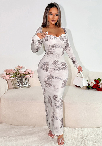 Winter Women's Sexy Printed U-Neck Tie-Up Long Sleeve Slit Bodycon Dress