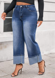 Plus Size Women's Fashion Washed Wide-Leg Cropped Denim Pants