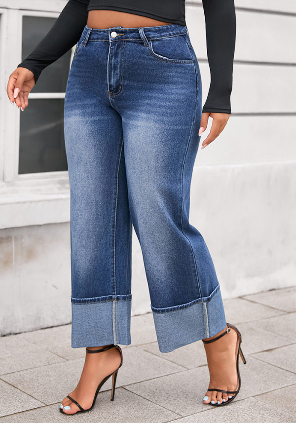 Plus Size Women's Fashion Washed Wide-Leg Cropped Denim Pants