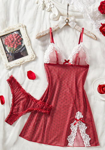 Women's See-Through V-Neck Bow Polka Dot Sexy Two-Piece Slip Dress Set