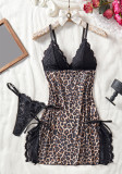 Women's Leopard Print Lace-Trim V-Neck Slit Sexy Lingerie Dress Set