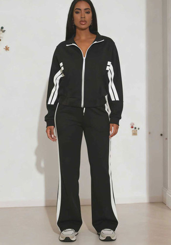 Autumn/Winter Women's Casual Color-Block Striped Zip-Up Sports Two-Piece Pants Set