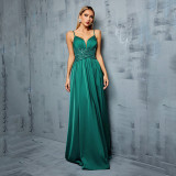 Spring Women's V-Neck Low-Back Satin Evening Gown