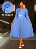 Autumn Elegant Round Neck Long Sleeve Dress Floral Color Block Leaf Pleated Formal Party Dress