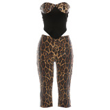 Autumn/Winter Women's Sexy Leopard Color-Block Strapless Sequin Capri Pants Set