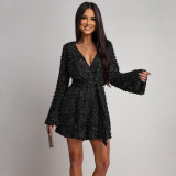 Women's Sexy Deep V-Neck Long Sleeve Sequin Dress