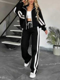 Autumn/Winter Women's Casual Color-Block Striped Zip-Up Sports Two-Piece Pants Set