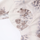 Winter Women's Sexy Printed U-Neck Tie-Up Long Sleeve Slit Bodycon Dress