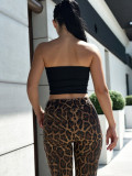 Autumn/Winter Women's Sexy Leopard Color-Block Strapless Sequin Capri Pants Set