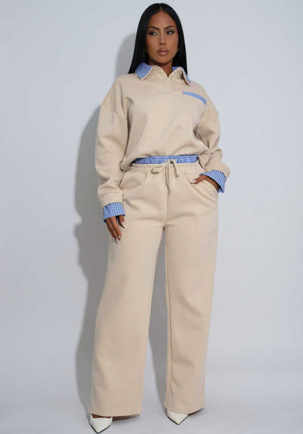 Autumn Women's Color-Block Casual High-Waist Drawstring Straight-Leg Pants Set