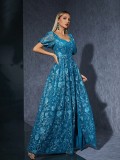 Women's Blue Puff Sleeve Sweet Formal Party Slit Evening Dress