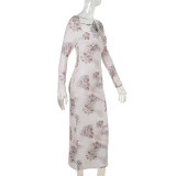 Winter Women's Sexy Printed U-Neck Tie-Up Long Sleeve Slit Bodycon Dress