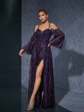 Women's Halter Neck Bell-Sleeve Slit Evening Dress