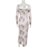 Winter Women's Sexy Printed U-Neck Tie-Up Long Sleeve Slit Bodycon Dress