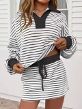 Women's Casual Fashion Striped Color-Block Stand Collar Top & Drawstring Mini Skirt Two-Piece Set