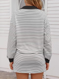 Women's Casual Fashion Striped Color-Block Stand Collar Top & Drawstring Mini Skirt Two-Piece Set