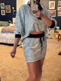 Women's Casual Fashion Striped Color-Block Stand Collar Top & Drawstring Mini Skirt Two-Piece Set