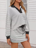 Women's Casual Fashion Striped Color-Block Stand Collar Top & Drawstring Mini Skirt Two-Piece Set